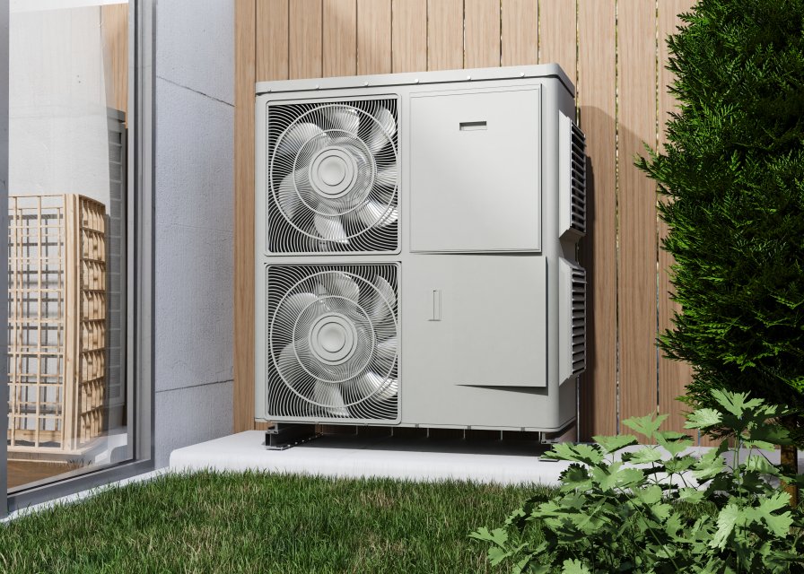 Close up heat pump outside home
